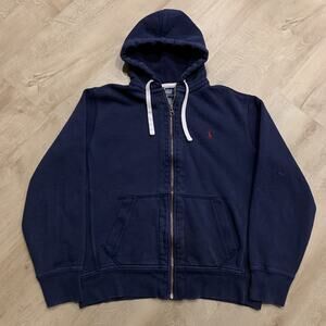 Polo Ralph Lauren Full Zip Navy Blue Hoodie Red Pony Mens Large L Waffle Thermal